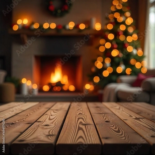 Fototapeta Winter holiday table scene with festive Christmas tree and fireplace, space for copy. 