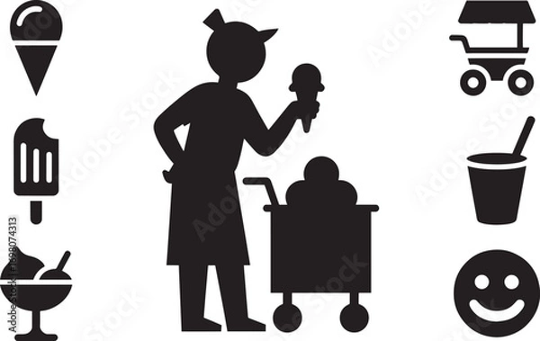 Fototapeta Ice Cream Vendor Vector Illustration Featuring a Woman Selling Ice Cream with Cart and Treats