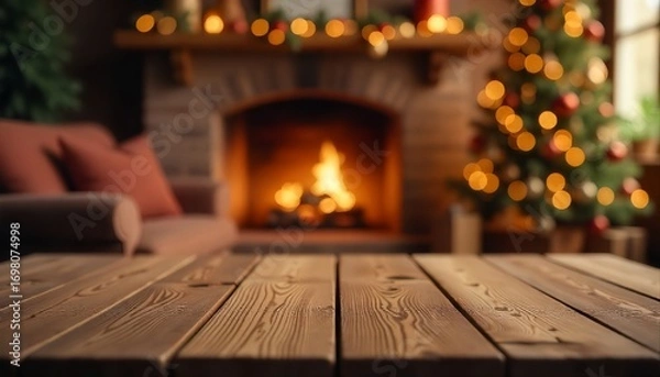 Fototapeta Holiday table with Christmas tree and fireplace, cozy festive scene, copy space.