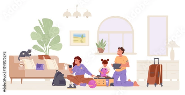 Fototapeta Happy family with little daughter packing a suitcase at home flat vector illustration. Woman checking list on the phone, girl putting toy into suitcase, man standing on knees with clothes in his arms.