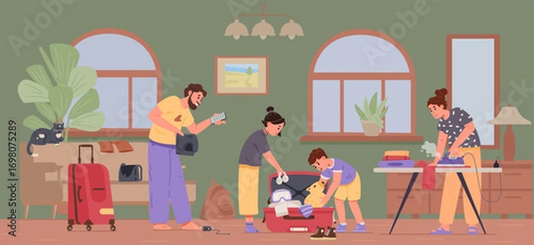Fototapeta Happy family with two kids packing a suitcase and getting ready to a trip at home flat vector illustration. 