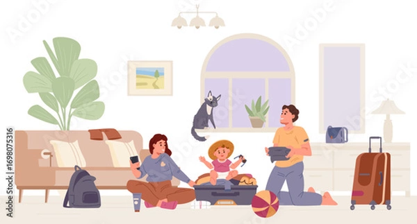 Fototapeta Happy family with a baby packing a suitcase at home on the floor flat vector illustration. Woman checking list on the phone, baby sitting inside a suitcase, man standing on knees with clothes in his a