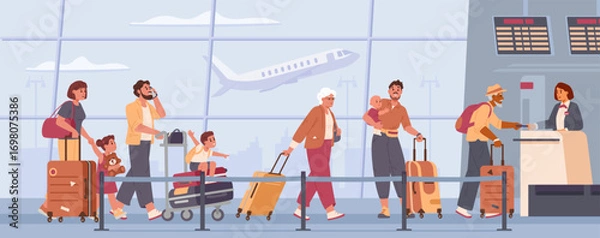 Fototapeta Diverse people with suitcases standing in line at the airport terminal to check in counter flat vector illustration.