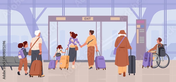 Fototapeta Diverse people with suitcases walking out of the airport terminal building view from the back flat vector illustration.