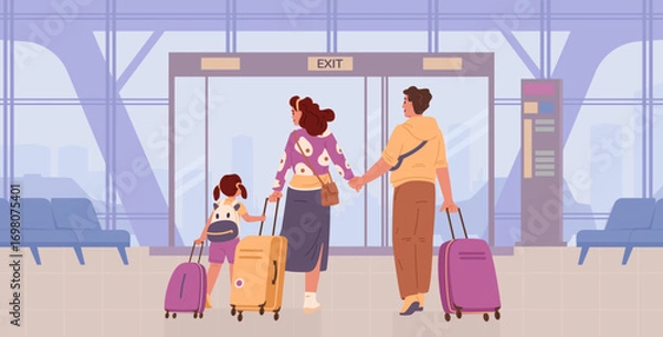 Fototapeta Family with suitcases walks out of airport terminal view from the back flat vector illustration.