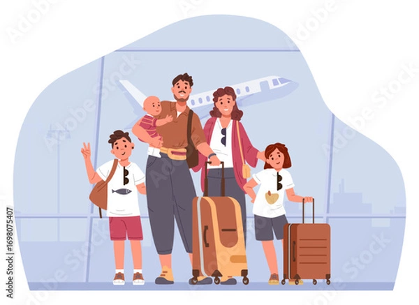 Fototapeta Happy family with three kids standing with suitcase at airport terminal flat vector illustration.