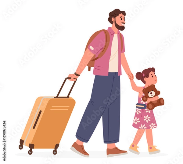Fototapeta Father and daughter with a suitcase walking by hand flat vector illustration isolated on white. Family trip.