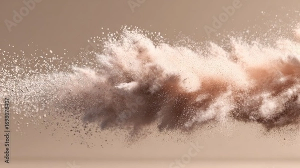 Fototapeta Soft beige powder explosion frozen in motion. Abstract dust cloud with fine particles suspended in air on neutral background, creating dreamy minimal composition