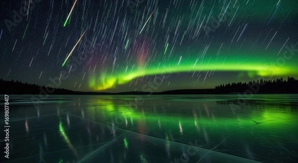 Fototapeta Meteor shower and northern lights over frozen lake. Vibrant aurora borealis with shooting stars reflecting on icy surface, magical celestial spectacle in arctic night