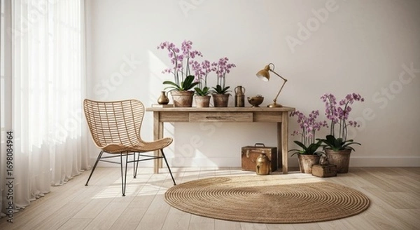 Obraz Serene Interior with Wicker Chair, Wooden Desk, and Blooming Orchids in Natural Light