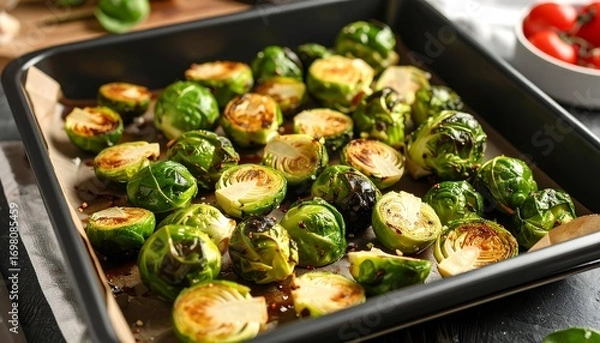 Obraz Roasted brussels sprouts in a baking pan
