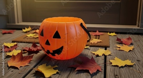 Obraz Spooky jack-o-lantern bucket awaits trick-or-treaters on a porch surrounded by fall leaves