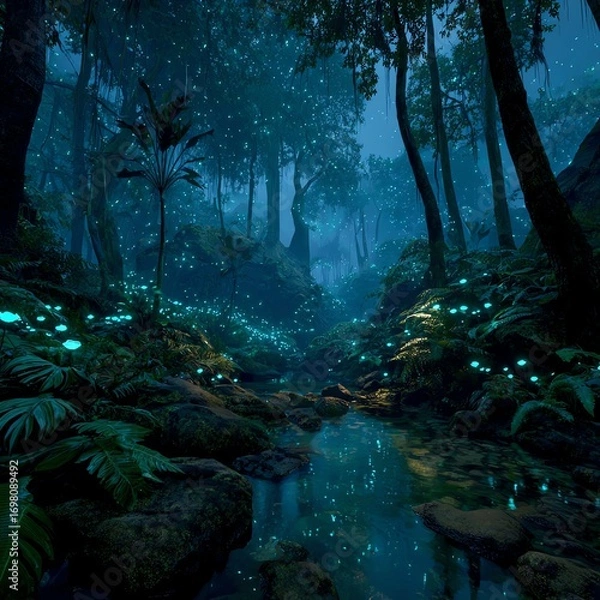 Fototapeta Bioluminescent jungle with alien wildlife glowing, cinematic tones