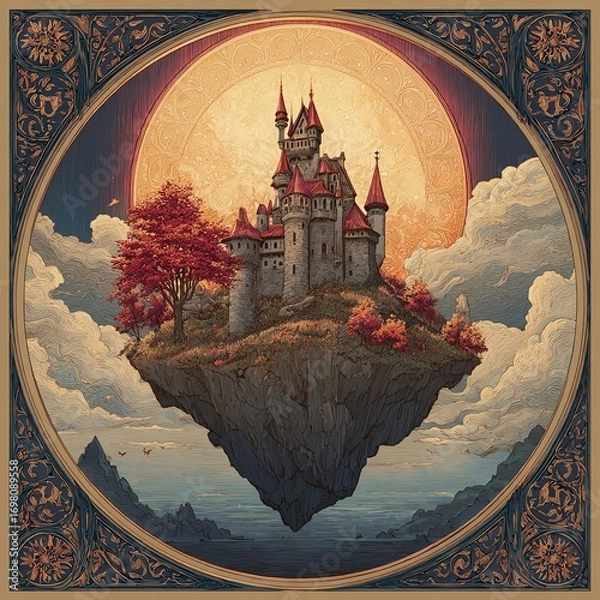 Fototapeta Castle on floating island framed with Art Nouveau ornament glowing