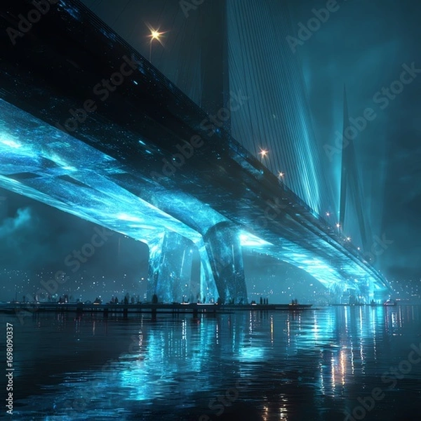 Fototapeta Futuristic bridge glowing with holograms, cinematic sci-fi tones