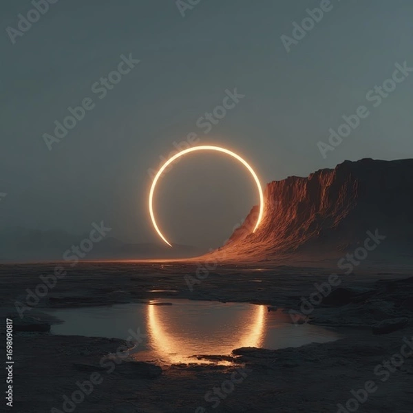 Fototapeta Minimalist desert with giant glowing circle rising