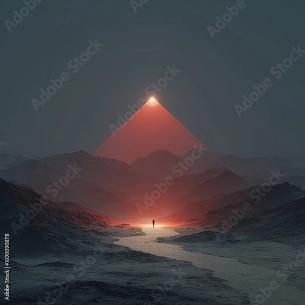 Fototapeta Minimalist desert with glowing red pyramid center