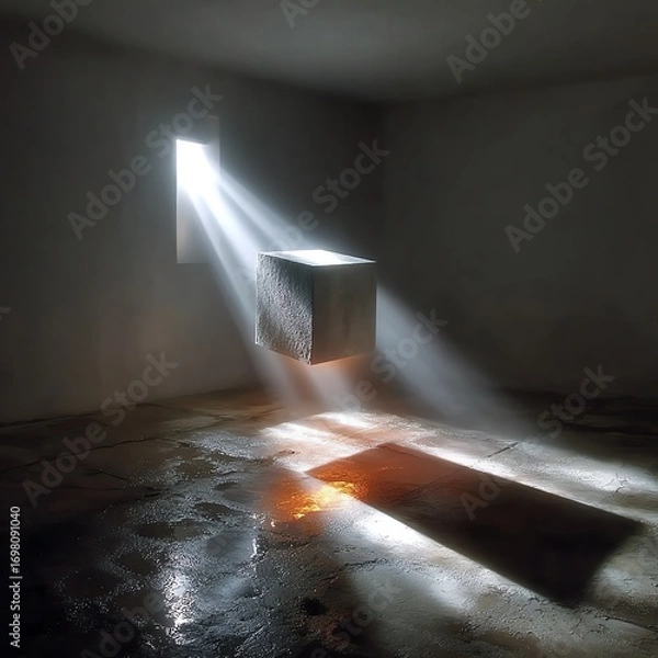 Fototapeta Minimalist floating cube casting glowing shadows