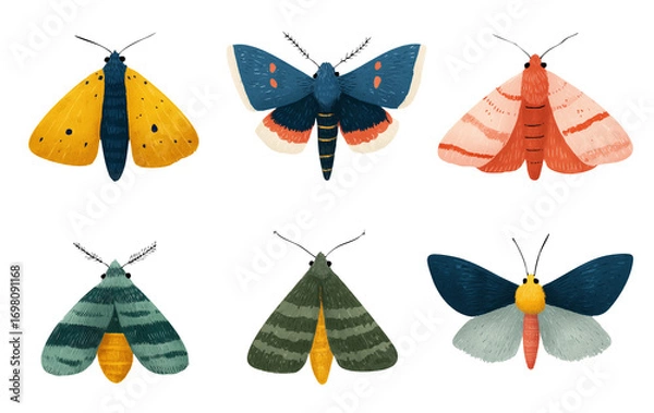 Obraz Set of cute colorful textured hand drawn moths, transparent background, PNG
