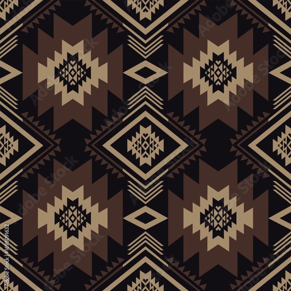 Fototapeta Bold aztec southwestern Navajo design. Vector brown aztec southwestern navajo geometric shape seamless pattern. Ethnic geometric pattern use for fabric, textile, home decoration elements, upholstery.