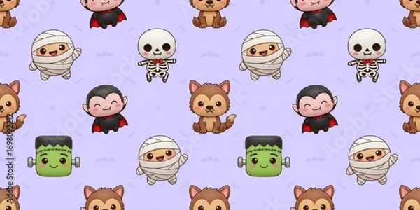 Fototapeta Adorable Halloween Cartoon Characters Seamless Pattern