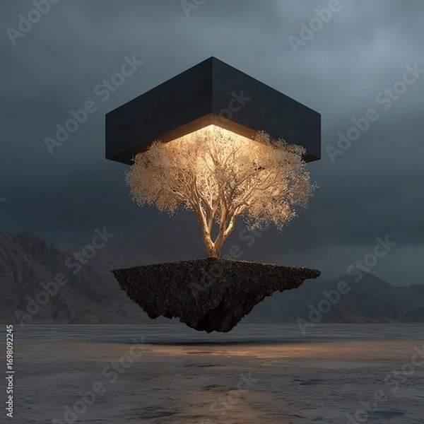 Fototapeta Surreal tree growing upside down from floating black cube