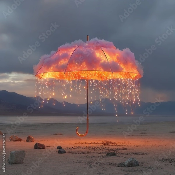 Fototapeta Surreal umbrella raining neon drops in desert