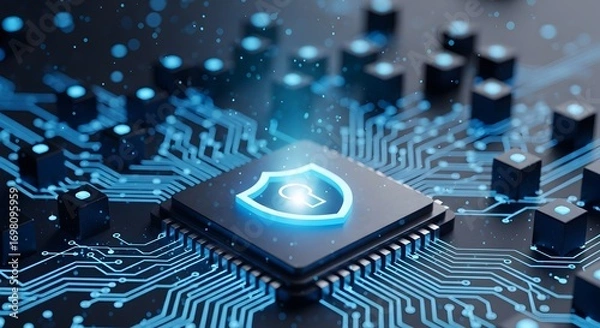Fototapeta Close up of a glowing shield icon on a microchip surrounded by circuit board and small cubes dark background