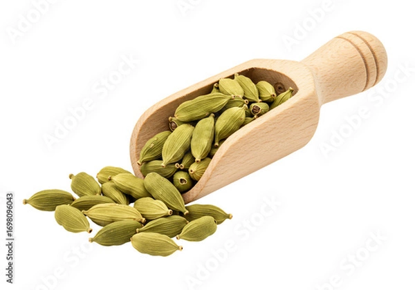 Fototapeta Green cardamom pods in wooden scoop spice ingredient food photography