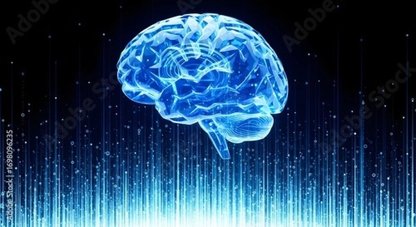 Fototapeta Digital brain with blue geometric design and blue light streams against a black background