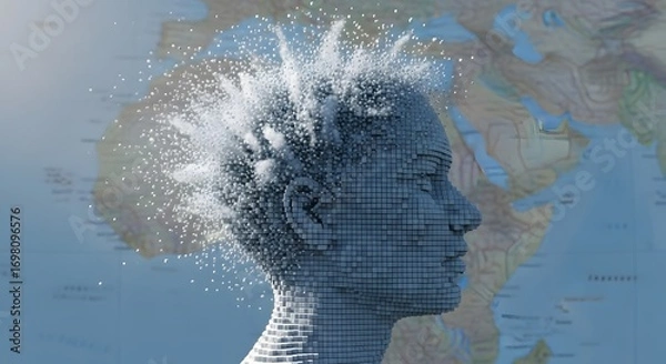 Fototapeta Digital head disintegrating into particles against a world map background in profile view