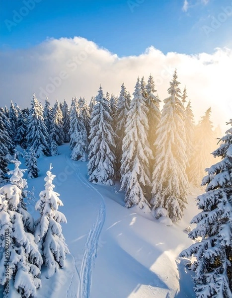 Obraz Snowy mountain forest at dawn