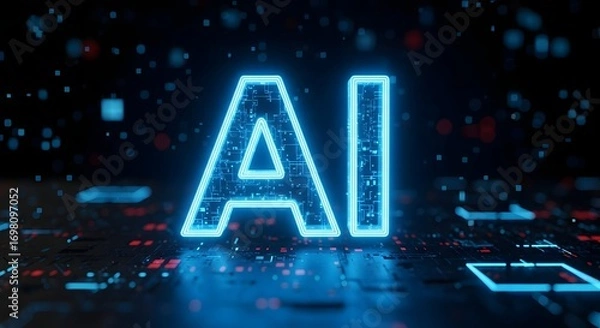 Fototapeta Glowing ai letters on a dark surface with red and blue lights indicating technology and computing power