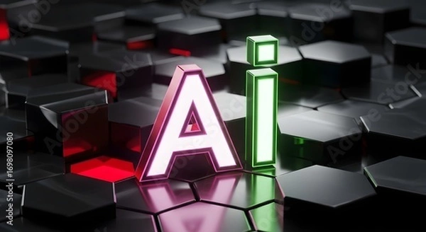 Fototapeta Glowing ai letters standing on a dark hexagonal patterned surface with red and green reflections
