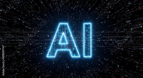 Fototapeta Glowing ai letters with circuit board texture on a black background with digital data streams around