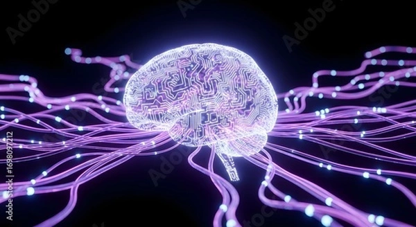 Fototapeta Glowing brain with circuit patterns and purple fiber optic cables on a dark black background art