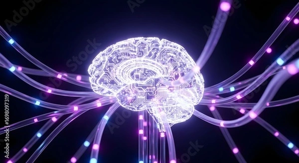 Fototapeta Glowing brain with circuit patterns connected to light emitting cables on a dark background artifical