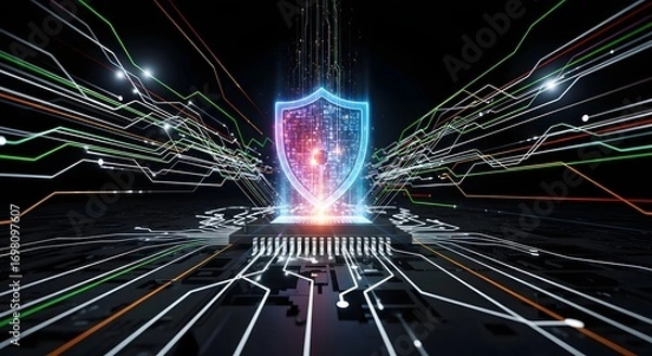 Fototapeta Glowing shield above a chip with colorful data streams representing cybersecurity protection network