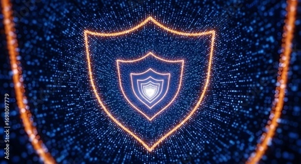 Fototapeta Glowing shield tunnel with blue digital background and orange outlines creating a sense of security