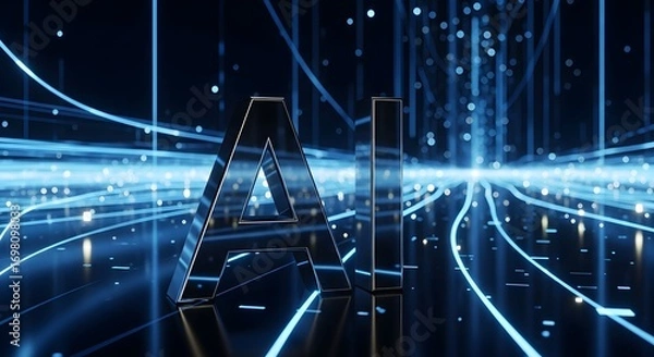 Fototapeta Illuminated ai letters with blue light streaks and dots on a reflective surface in a dark setting