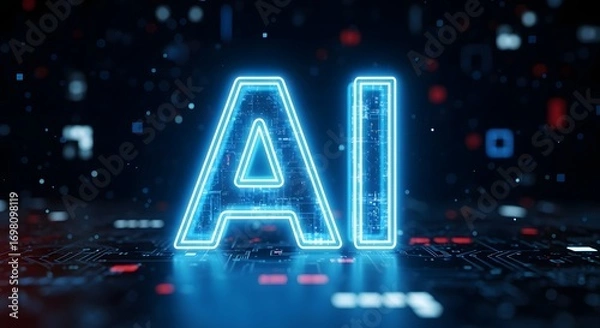 Fototapeta Illuminated ai text with blue glow on a dark background with circuit board patterns and reflections