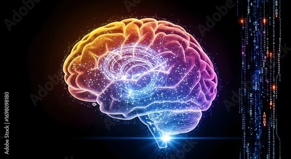 Fototapeta Illuminated brain with neural network connections and digital code on a black background space