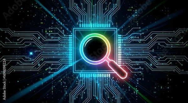 Fototapeta Illuminated magnifying glass over a square chip with circuit board lines on a dark background space