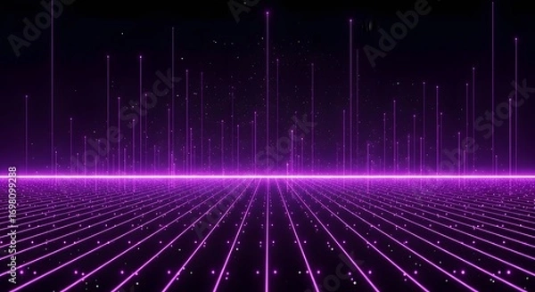 Fototapeta Purple neon grid with vertical lines and particles against a dark background in perspective view