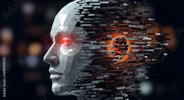 Fototapeta Side view of a digital human head with glowing red eye and disintegrating into blocks and lines