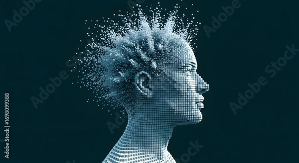 Fototapeta Side view of a head made of cubes disintegrating into smaller cubes on a dark background