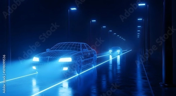 Fototapeta Two cars driving on a dark road with street lights and a blue wireframe aesthetic rendering style