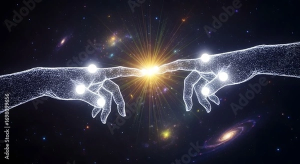 Fototapeta Two digital hands reaching out to touch against a backdrop of stars and distant galaxies shining bright