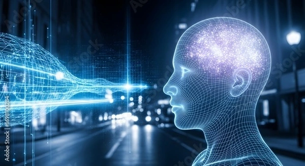 Fototapeta Wireframe head profile view with glowing brain and data stream against a blurred city background