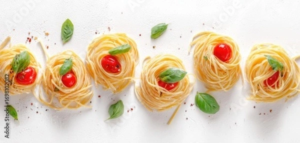 Fototapeta The Spaghetti Nests with Cherry Tomatoes and Fresh Basil on White Background